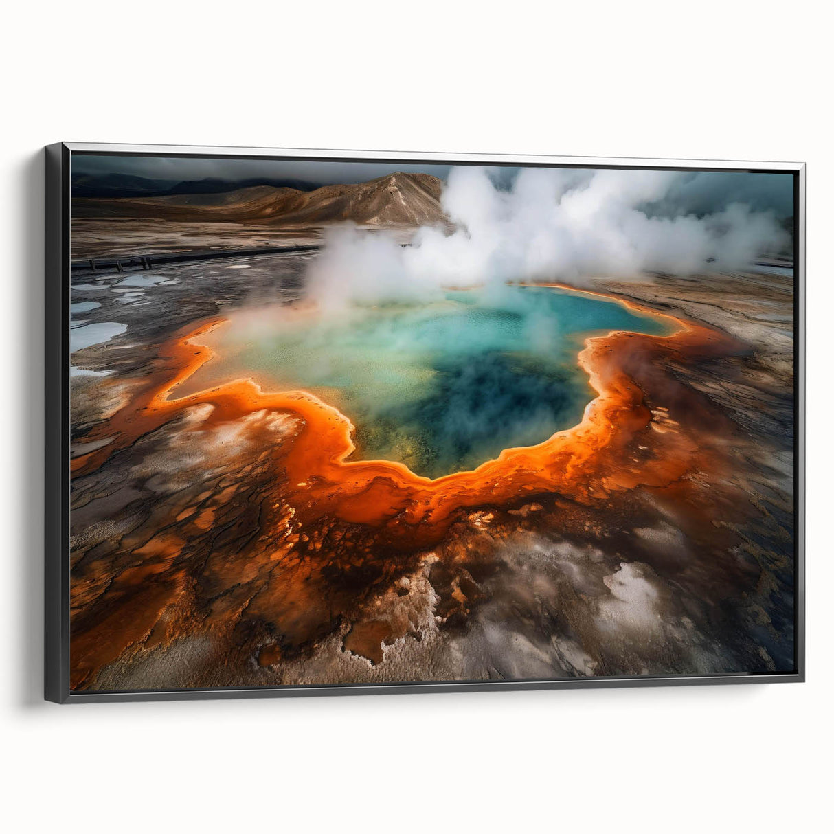 Framed canvas wall art featuring a serene hot spring landscape design, showcasing vibrant colors and intricate details, ideal for home decor or relaxation spaces.