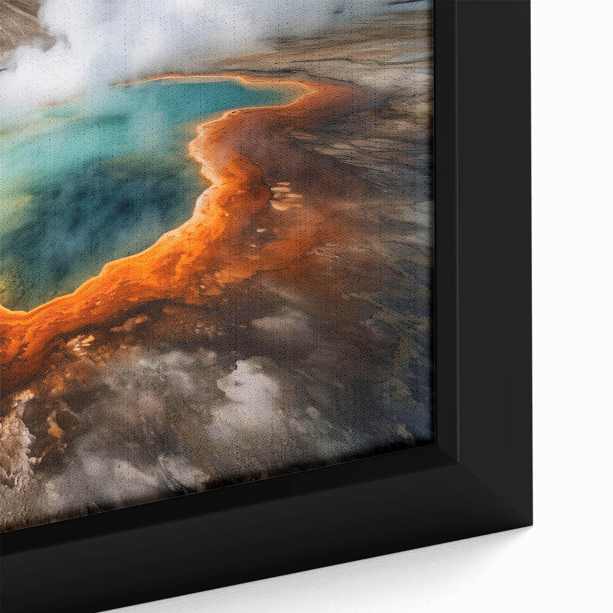 Close-up of a framed canvas artwork depicting a serene hot spring landscape, showcasing vibrant colors and intricate details of nature, perfect for home decor.