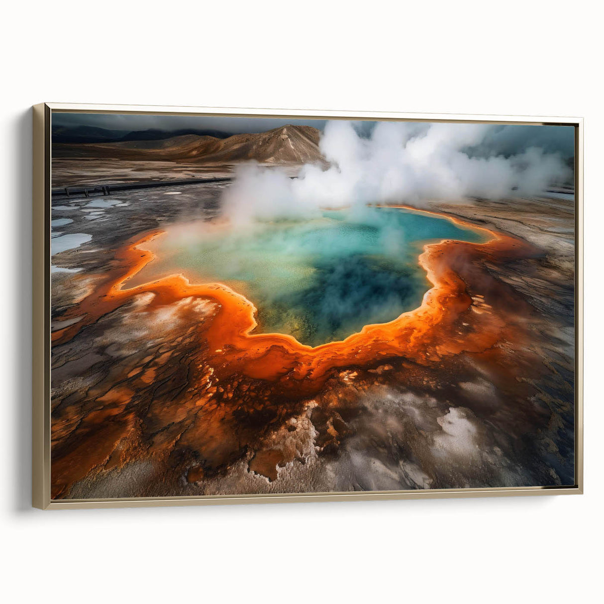 Framed canvas wall art showcasing a serene hot spring landscape with vibrant colors and intricate details, set against a gold frame for an elegant touch. Ideal for enhancing home decor and creating a calming ambiance.