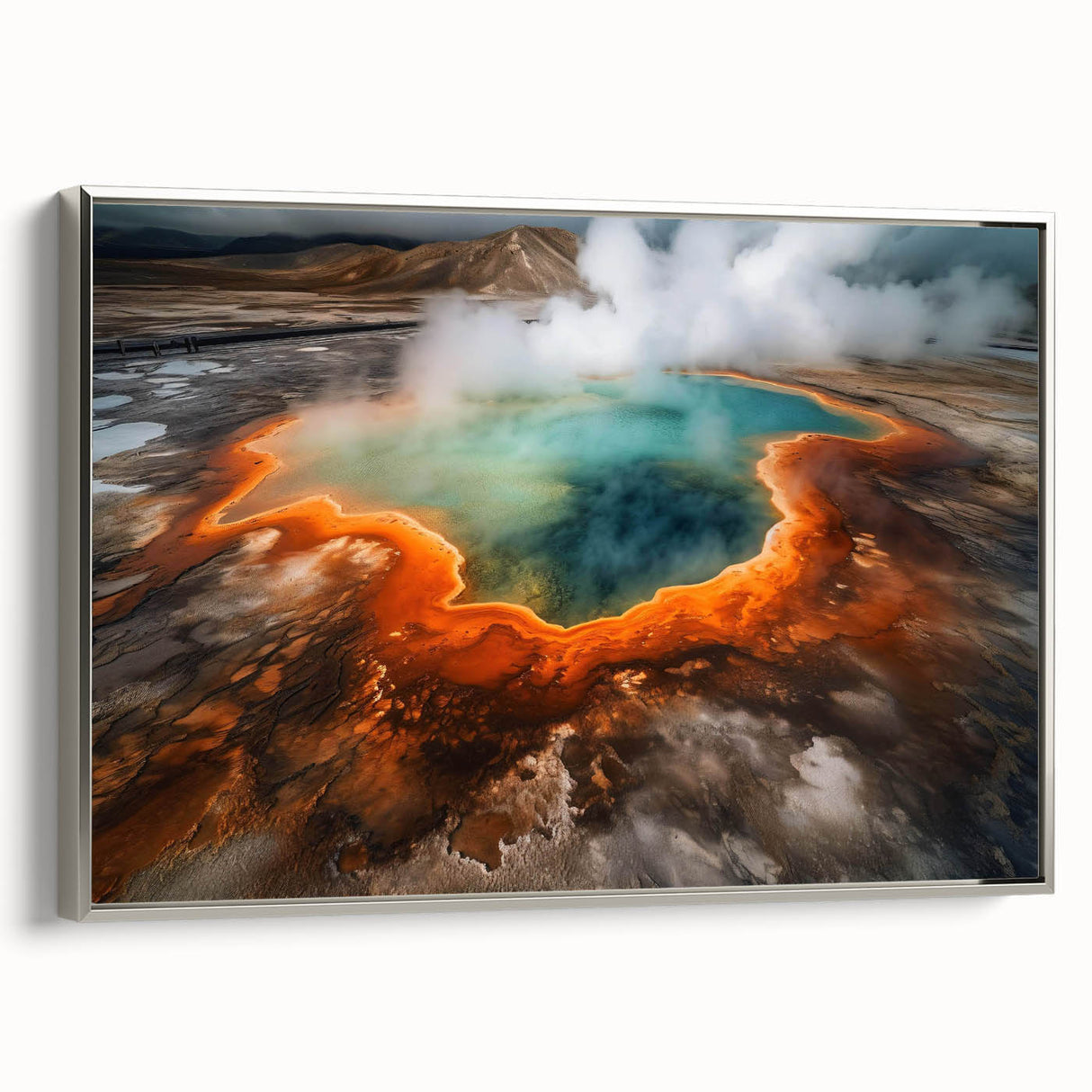 Framed canvas wall art showcasing a serene hot spring landscape design, featuring vibrant colors and intricate details, with a sleek silver frame enhancing the overall aesthetic. Ideal for home decor and relaxation themes.