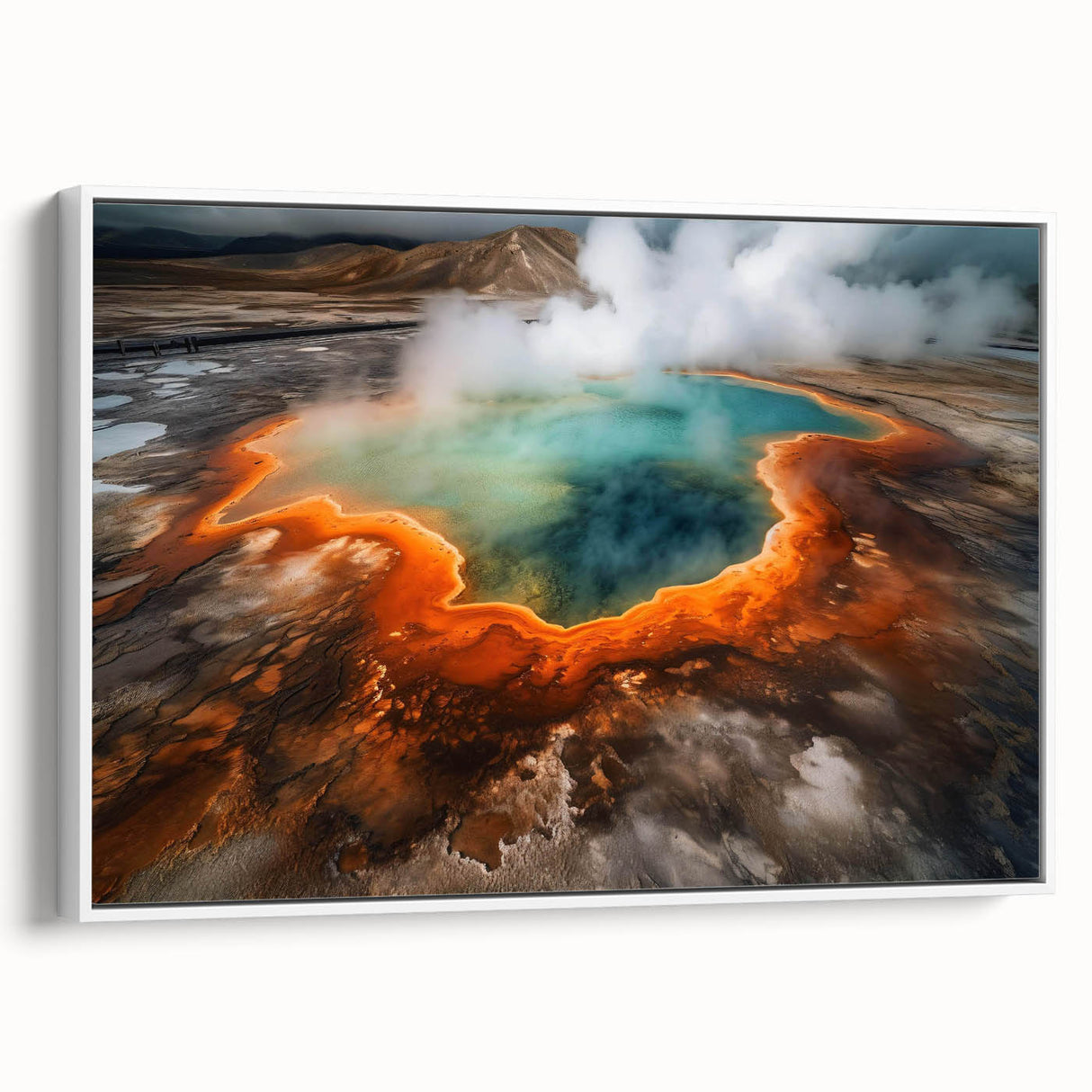 Framed canvas artwork showcasing a serene hot spring landscape design, featuring calming colors and intricate details, perfect for enhancing home decor.