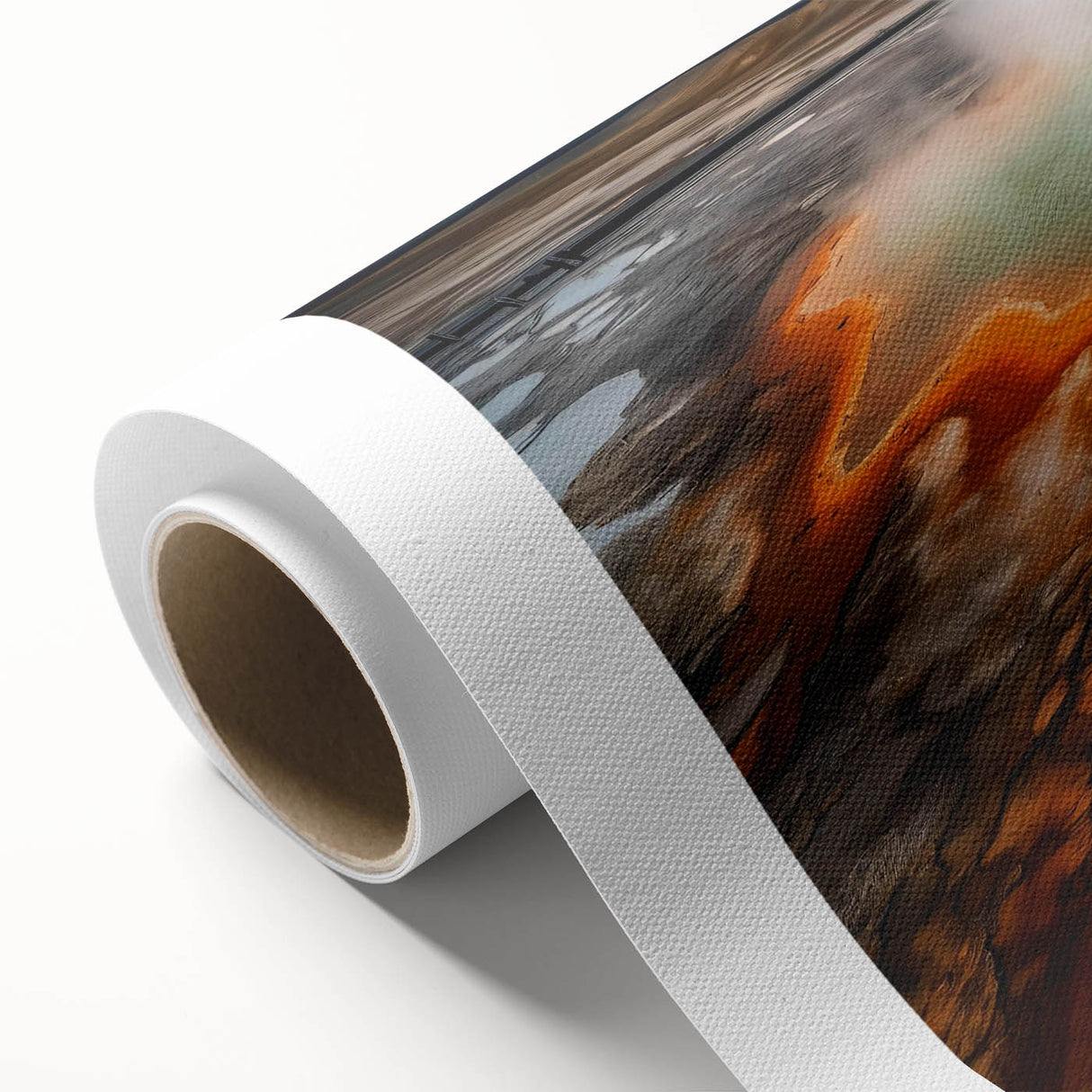 Vibrant rolled canvas artwork showcasing a serene hot spring landscape design, featuring lush greenery and soothing blue water, ideal for home decor.