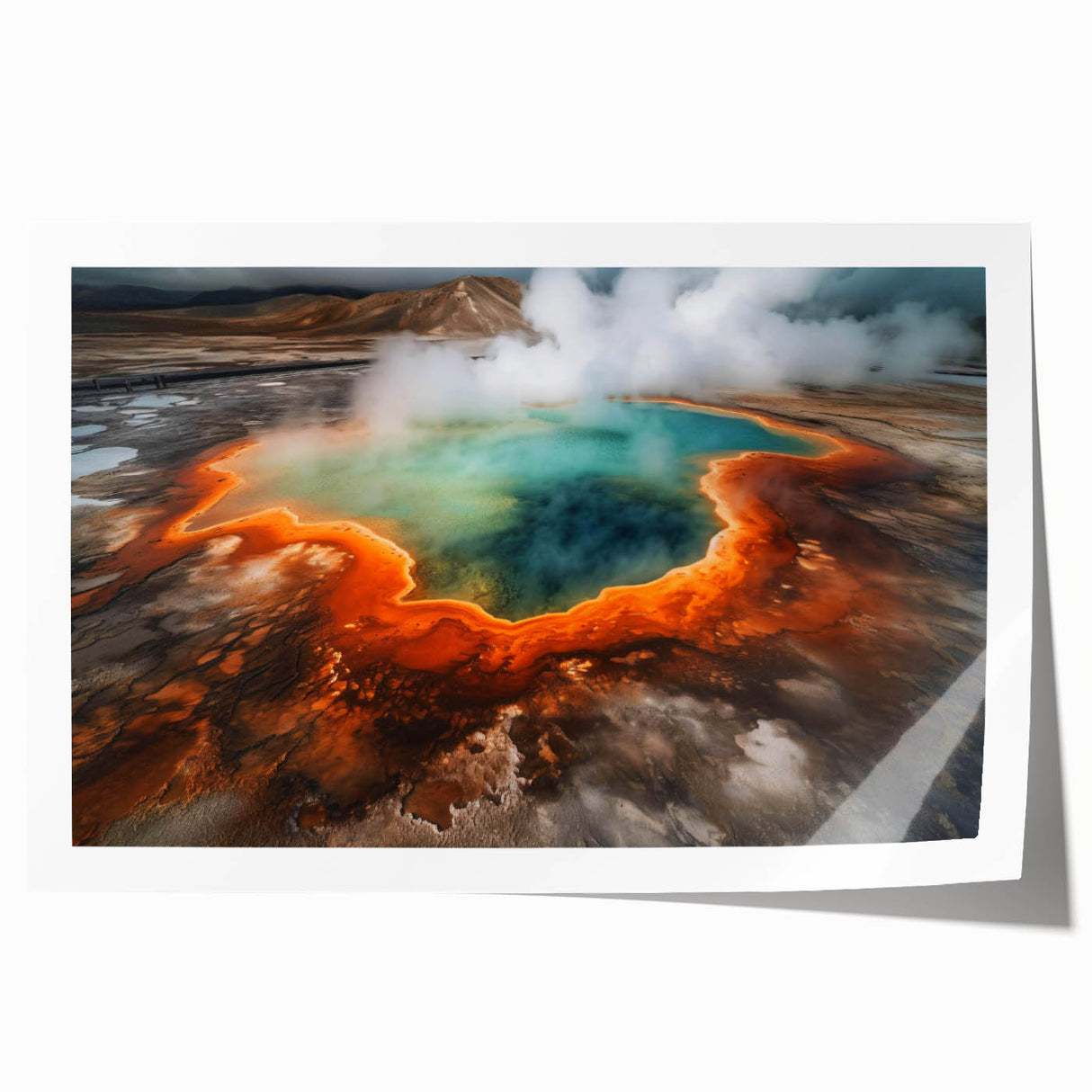 Rolled print showcasing a serene hot spring landscape with vibrant colors, ideal for home decor. Perfect for enhancing relaxation in any space.