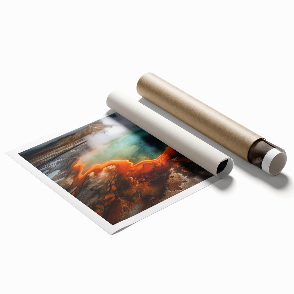 Vibrant wall art print depicting a serene hot spring landscape with lush greenery and gentle steam rising, rolled for easy shipping in a protective tube.
