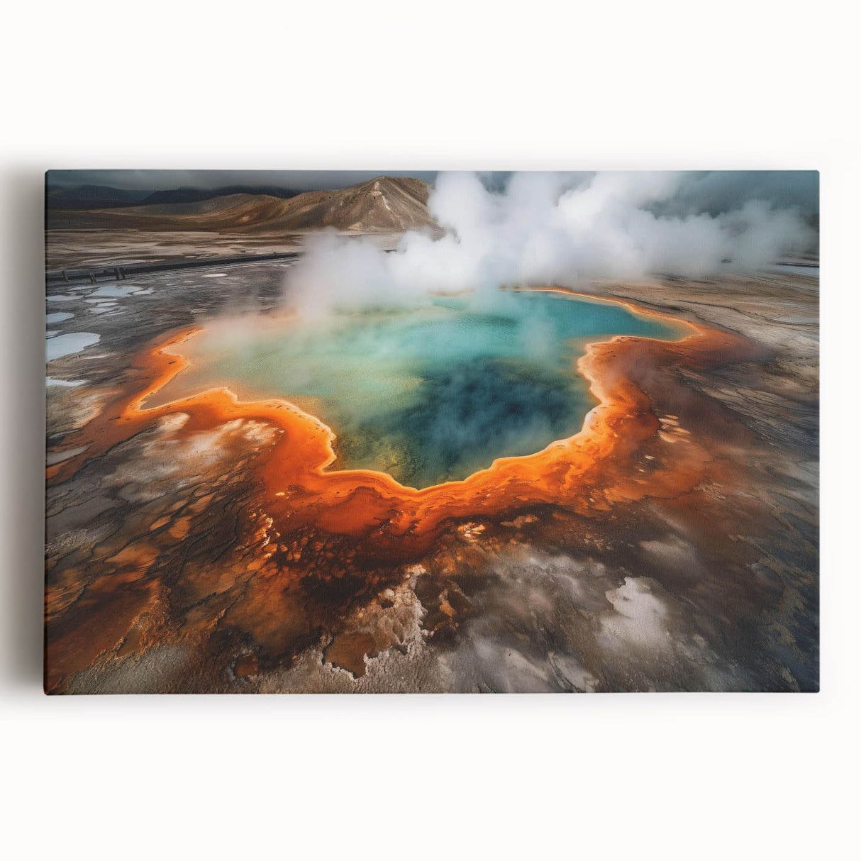 Stretched canvas artwork showcasing a vibrant hot spring landscape design, featuring rich colors and intricate details, perfect for enhancing home decor.
