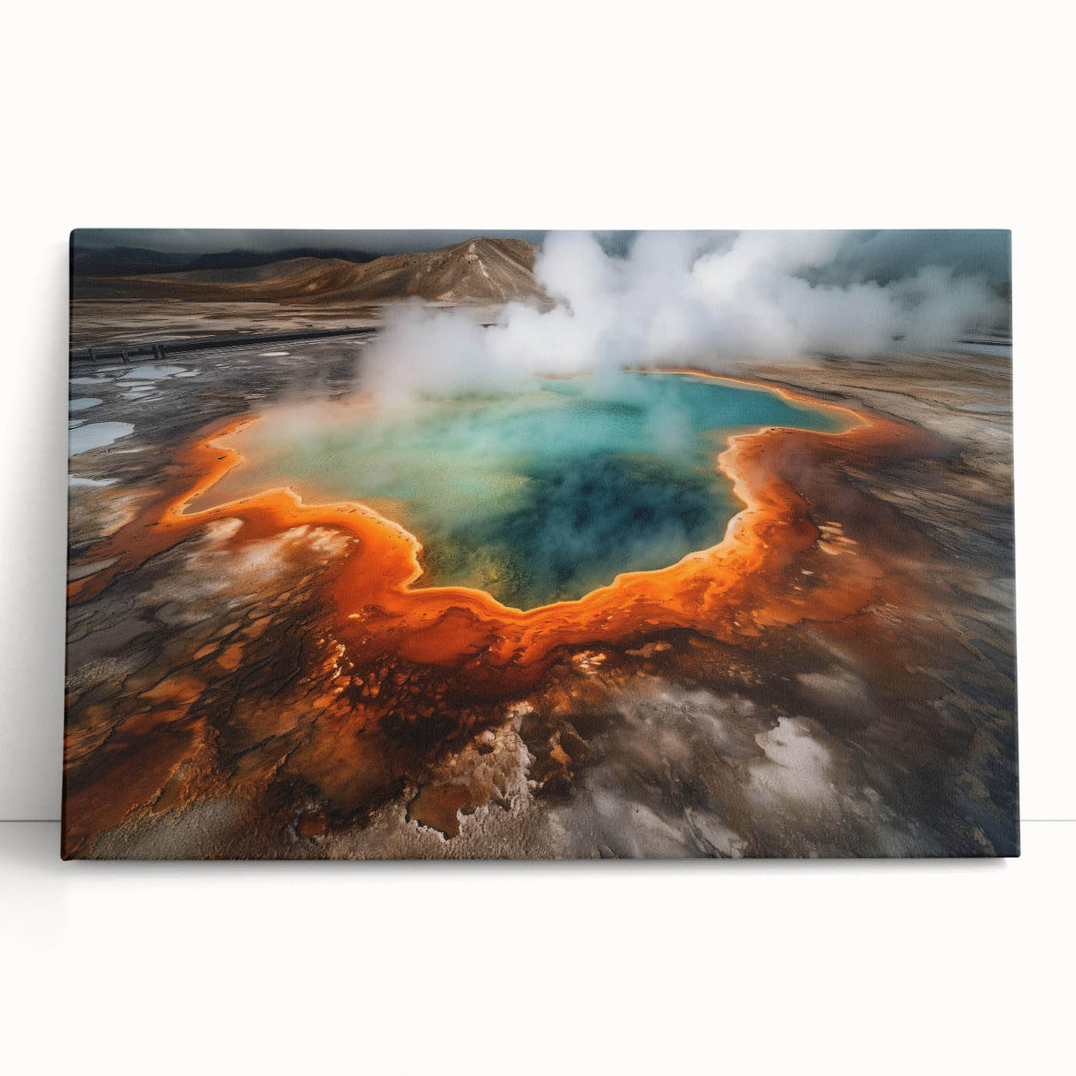 Stretched canvas wall art showcasing a serene hot spring landscape design, featuring vibrant colors and natural elements, perfect for home decor.