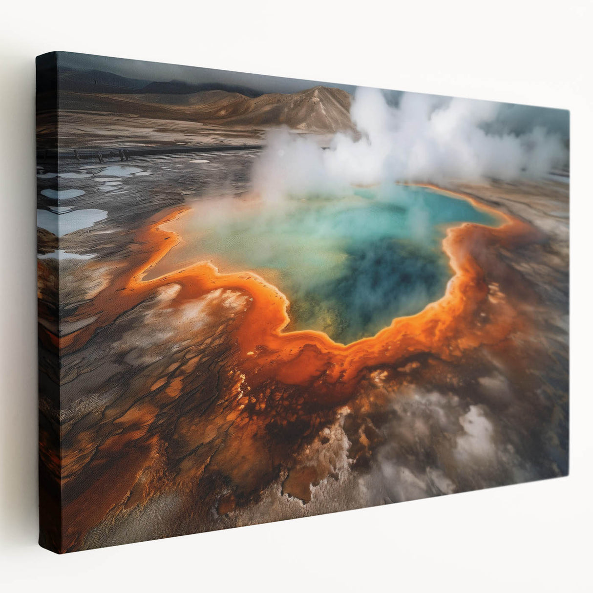 Stretched canvas wall art showcasing a serene hot spring landscape design, featuring vibrant colors and intricate details, perfect for home decor and relaxation themes.