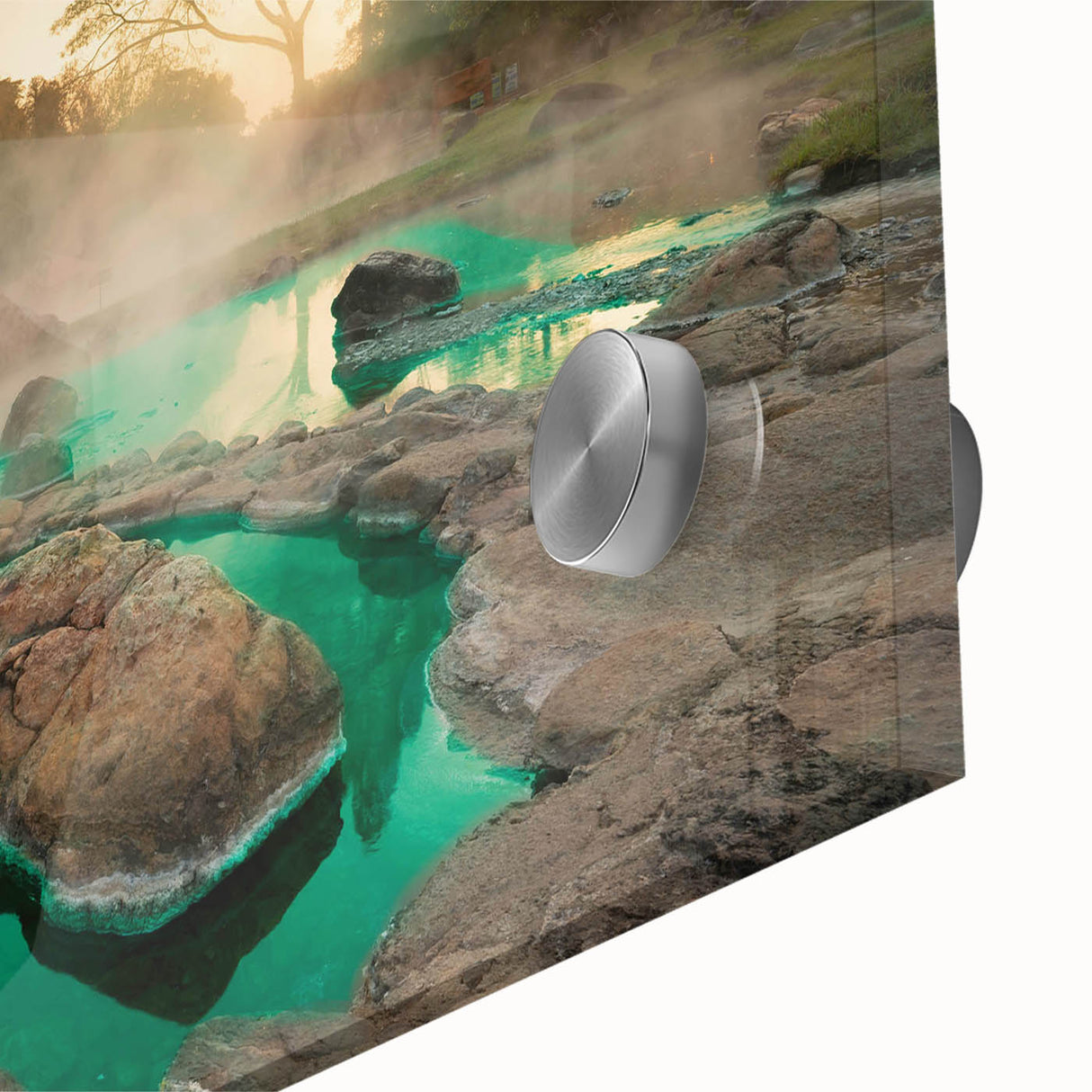 Close-up of a vibrant acrylic glass wall art piece showcasing a serene hot spring landscape design, featuring rich colors and intricate details, perfect for home decor.