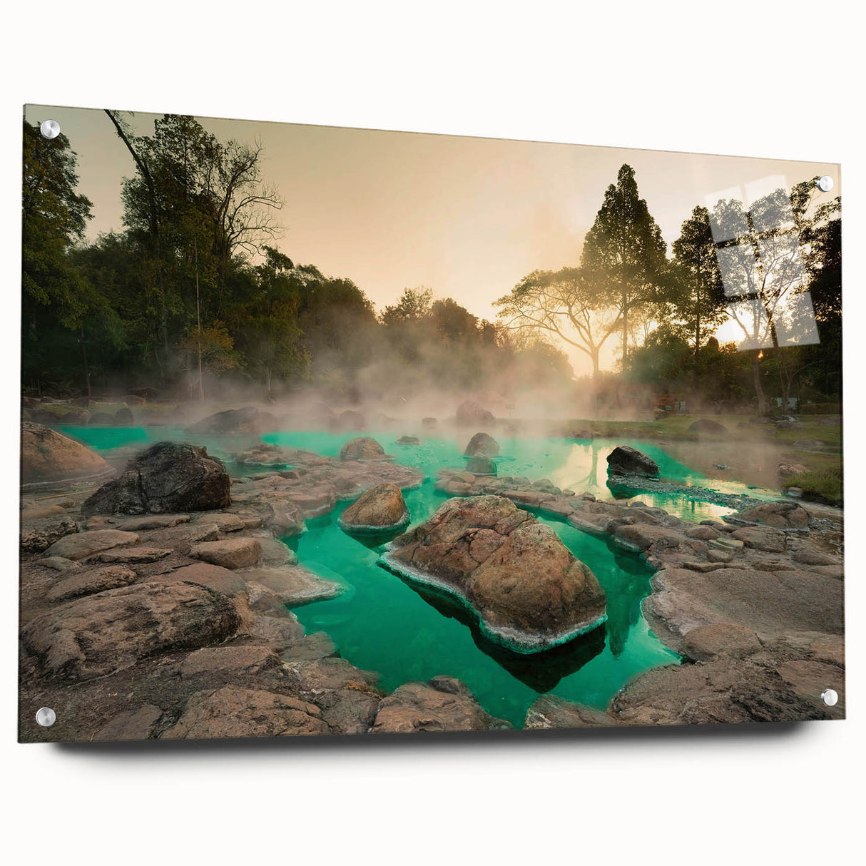 Acrylic glass wall art collection showcasing vibrant landscapes with hot spring designs, featuring a side view with decorative pins for easy display. Perfect for enhancing modern home decor.