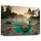 Acrylic glass wall art collection showcasing vibrant landscapes with hot spring designs, featuring a side view with decorative pins for easy display. Perfect for enhancing modern home decor.