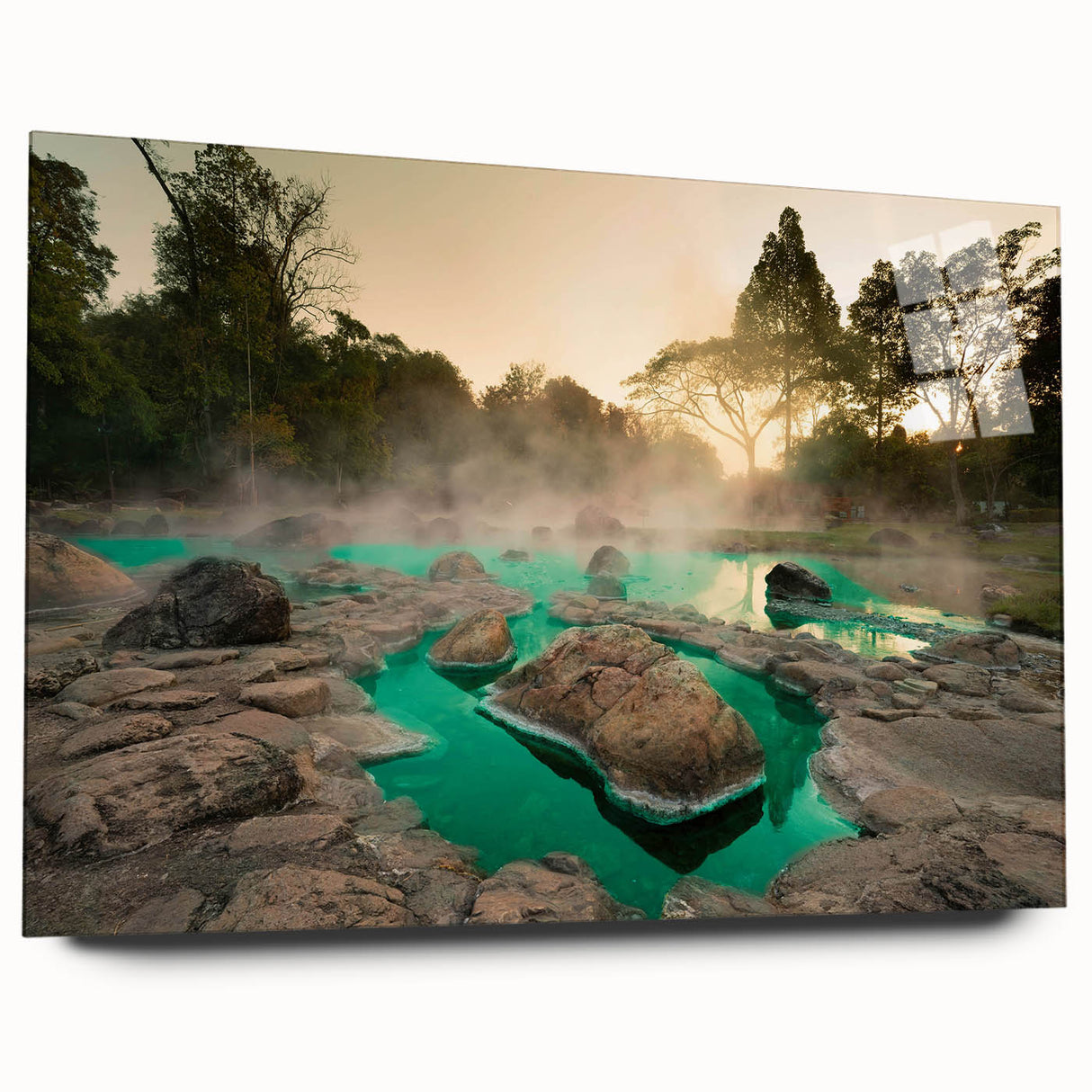 Acrylic glass wall art collection showcasing a serene hot spring landscape design in vibrant colors, side view displaying its sleek finish without pins, ideal for modern decor.