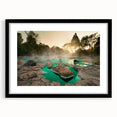 Framed landscape wall art collection showcasing serene hot spring designs in vibrant colors, featuring a sleek black frame and mat for an elegant presentation.