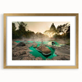 Framed wall art collection showcasing serene hot spring landscapes, featuring a gold mat and elegant frame, perfect for home decor enhancement.
