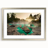 Framed wall art collection showcasing a serene hot spring landscape with silver accents, ideal for home decor. Features a modern mat design enhancing aesthetic appeal.
