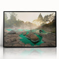 Framed acrylic wall art featuring a serene hot spring landscape design with vibrant colors, presented in a sleek black frame, ideal for modern home decor.