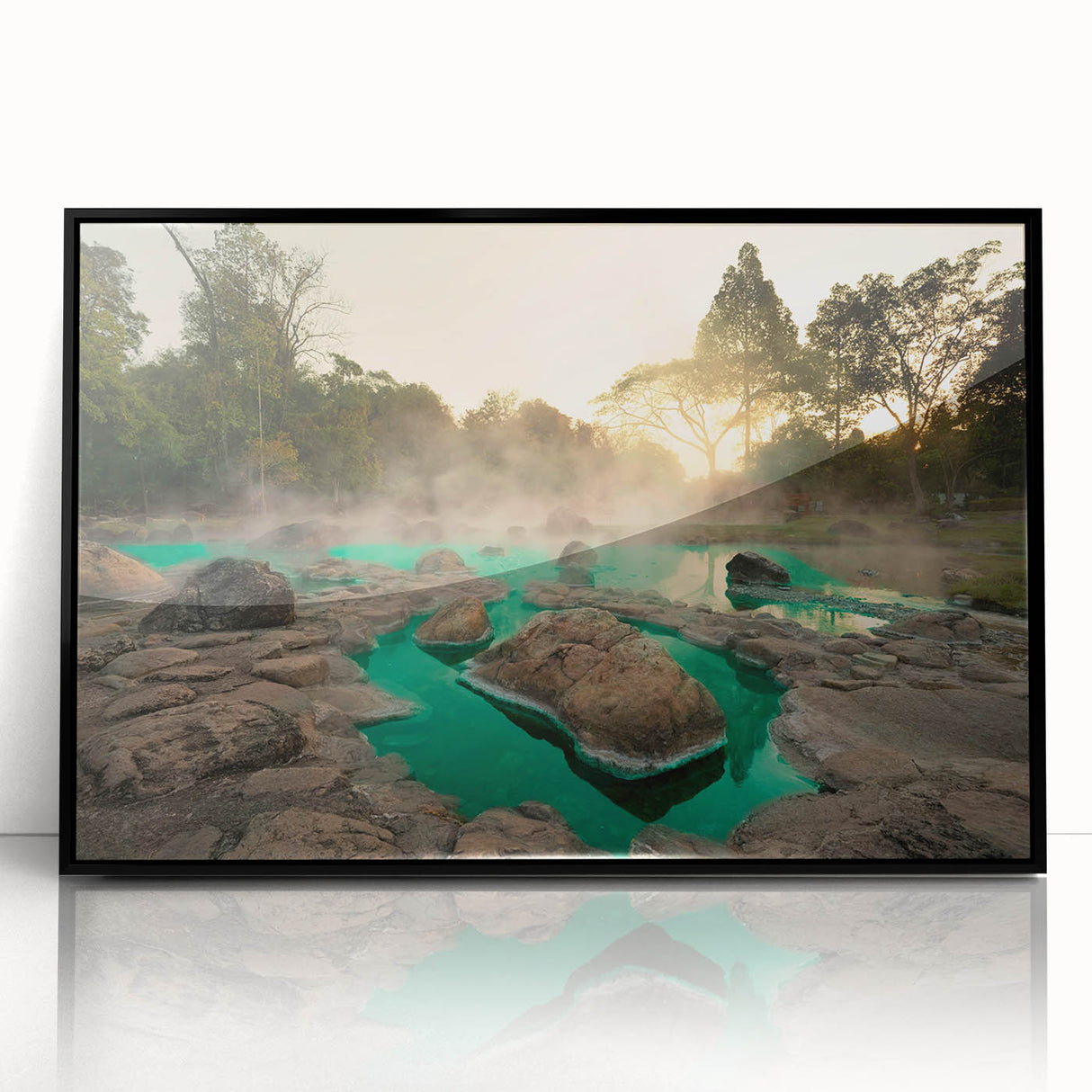 Framed acrylic wall art featuring a serene hot spring landscape design with vibrant colors, presented in a sleek black frame, ideal for modern home decor.