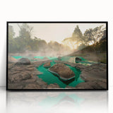 Framed acrylic wall art featuring a serene hot spring landscape design with vibrant colors, presented in a sleek black frame, ideal for modern home decor.