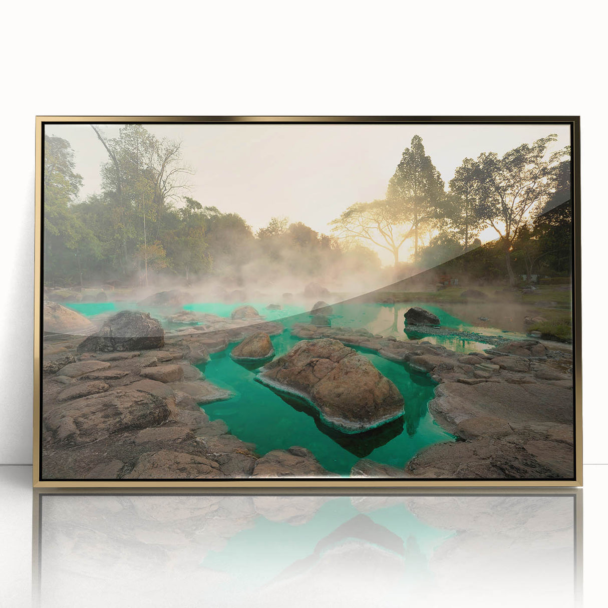 Framed wall art showcasing a serene hot spring landscape with vibrant colors, gold accents, and a sleek acrylic front, perfect for modern decor.