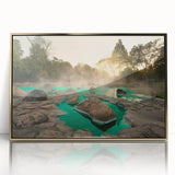 Framed wall art showcasing a serene hot spring landscape with vibrant colors, gold accents, and a sleek acrylic front, perfect for modern decor.