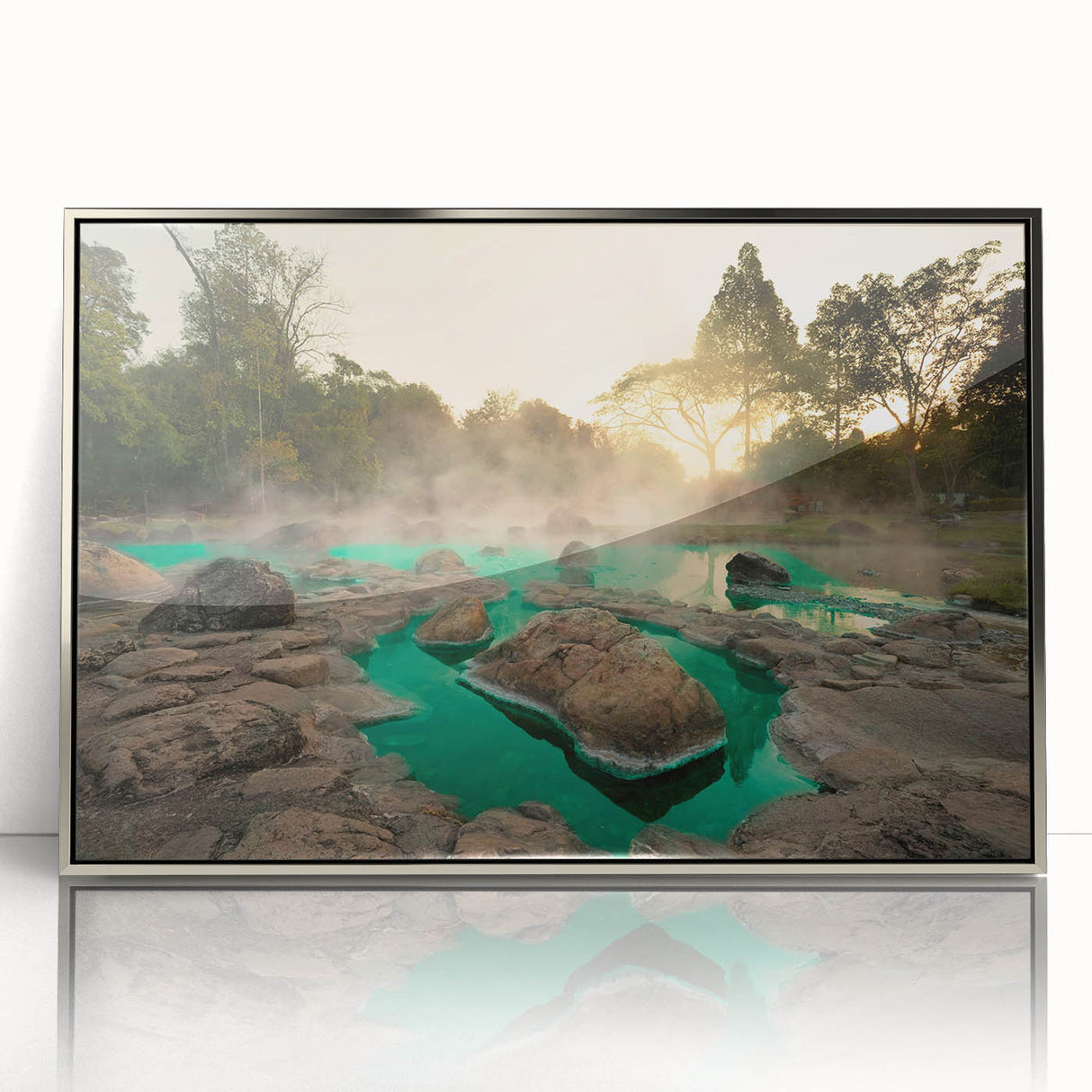 Framed acrylic wall art showcasing a serene hot spring landscape design, featuring vibrant colors and intricate details, perfect for modern home decor.