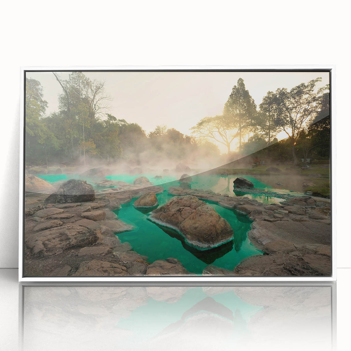 Framed acrylic wall art showcasing a serene hot spring landscape design, featuring tranquil colors and intricate details, perfect for enhancing modern decor.