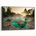 Framed canvas wall art showcasing a serene hot spring landscape design, featuring vibrant colors and intricate details, perfect for home decor and relaxation themes.