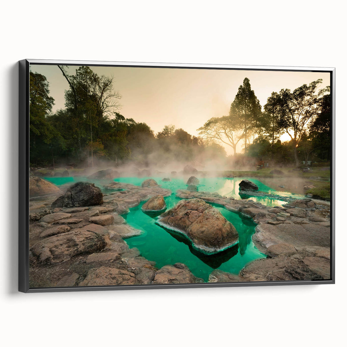 Framed canvas wall art showcasing a serene hot spring landscape design, featuring vibrant colors and intricate details, perfect for home decor and relaxation themes.