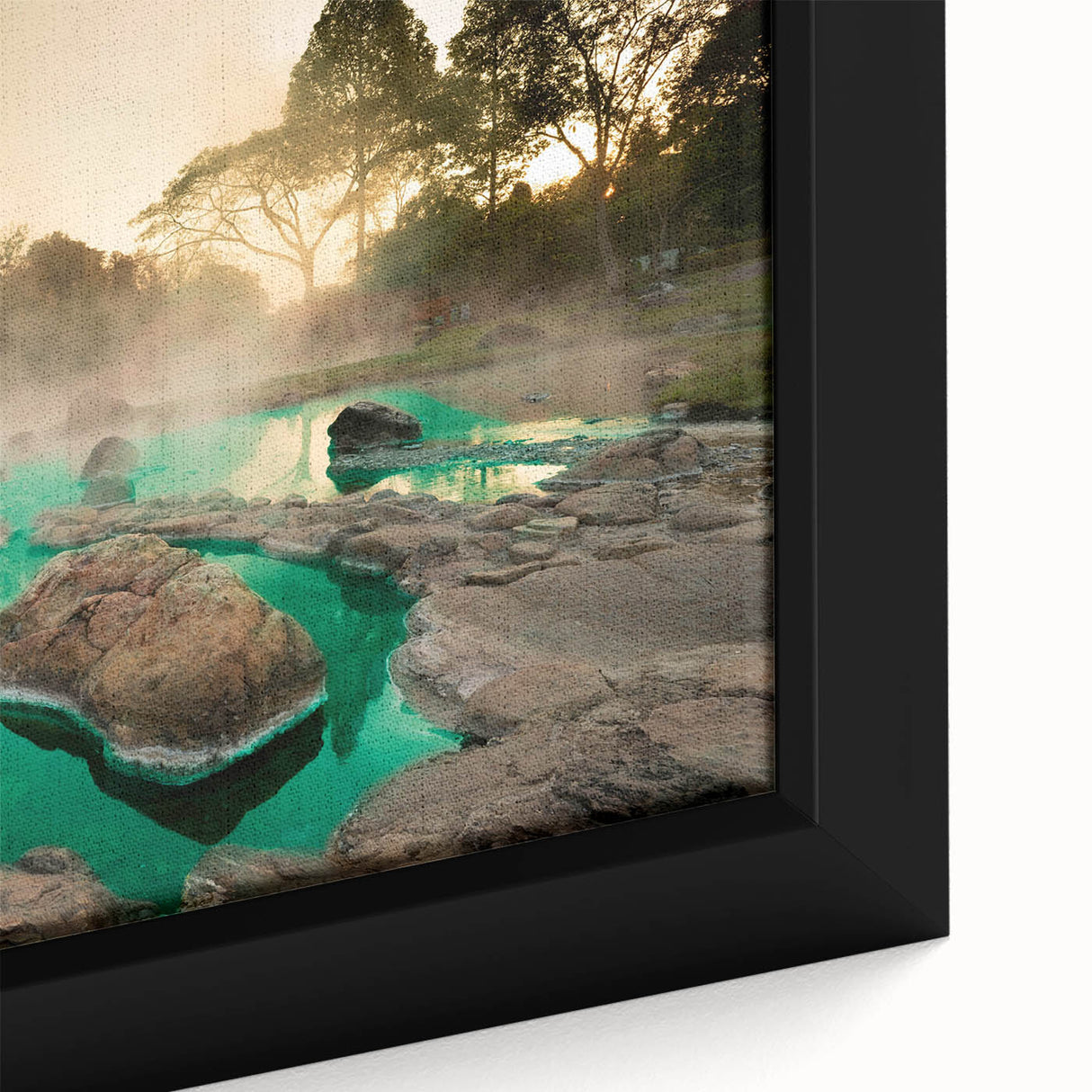 Close-up of a framed canvas showcasing a serene hot spring landscape design, with vivid colors and intricate details, ideal for home decor enhancement.