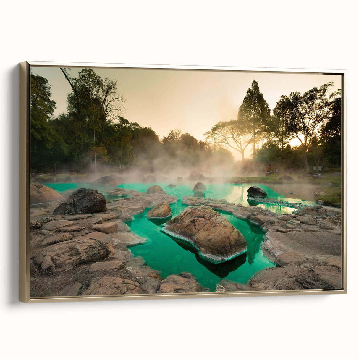 Framed canvas wall art showcasing a serene hot spring landscape with gold accents, perfect for enhancing home decor and creating a calming atmosphere.