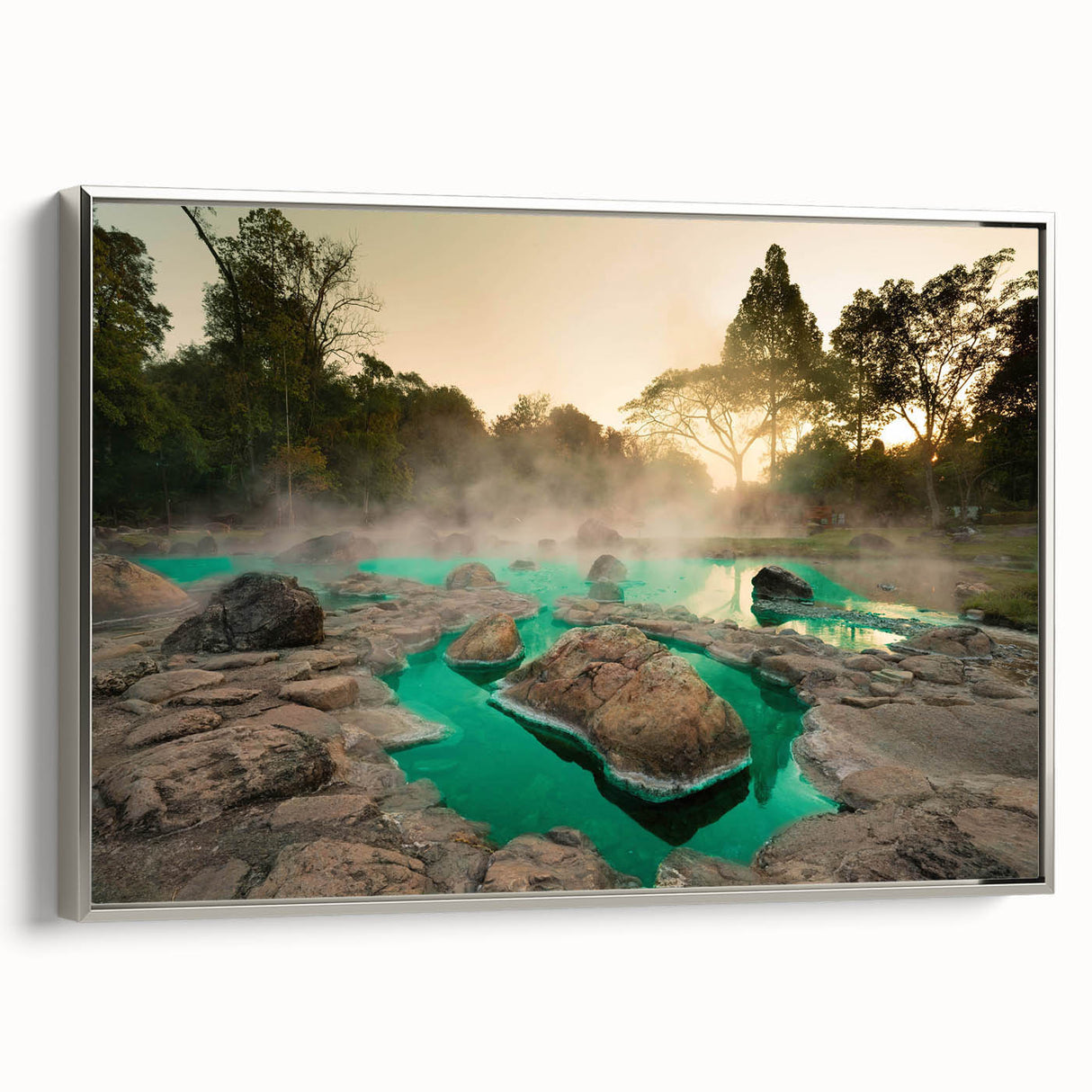 Framed canvas wall art depicting a serene hot spring landscape, featuring vibrant colors and intricate details, set in a sleek silver frame, perfect for home decor.