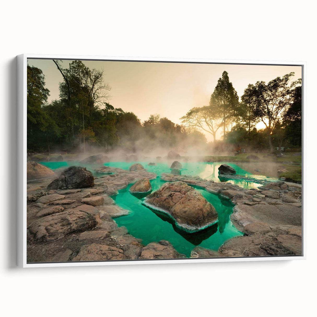 Framed canvas artwork showcasing a serene hot spring landscape design, featuring vibrant colors and intricate details, displayed from a side view against a white backdrop. Perfect for home decor enthusiasts seeking nature-inspired wall art.