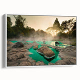 Framed canvas artwork showcasing a serene hot spring landscape design, featuring vibrant colors and intricate details, displayed from a side view against a white backdrop. Perfect for home decor enthusiasts seeking nature-inspired wall art.
