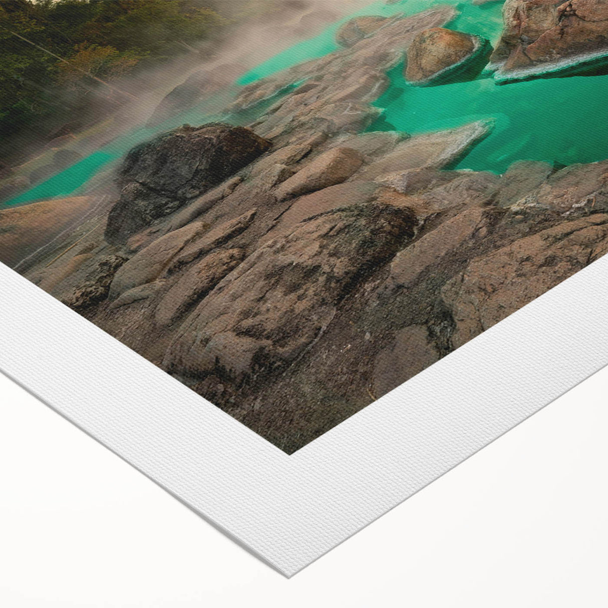 Colorful rolled canvas art depicting a serene hot spring landscape, showcasing vibrant blues and greens, ideal for enhancing home decor and relaxation spaces.