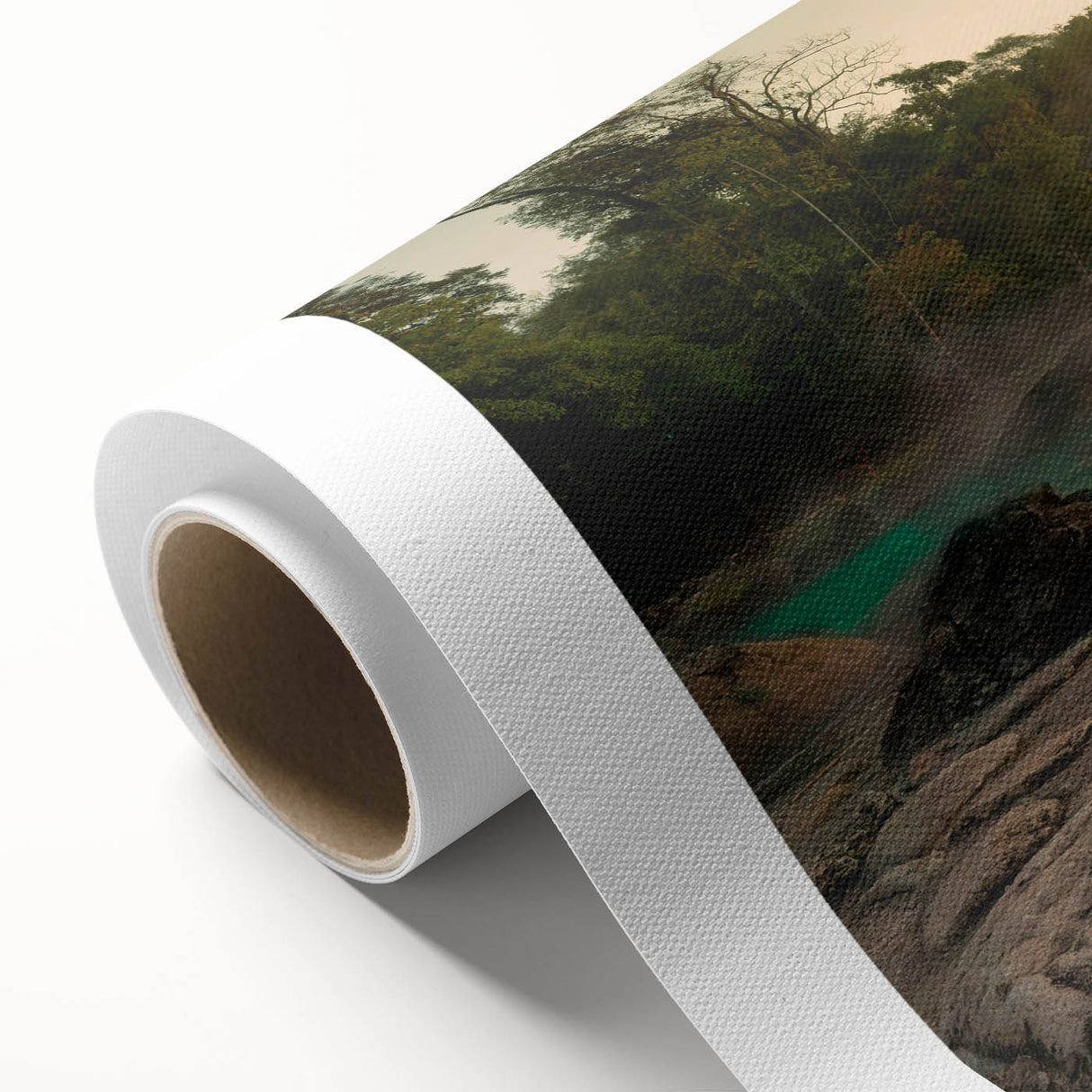 Vibrant rolled canvas artwork showcasing a serene hot spring landscape design, featuring lush greenery and tranquil water, perfect for enhancing home decor.
