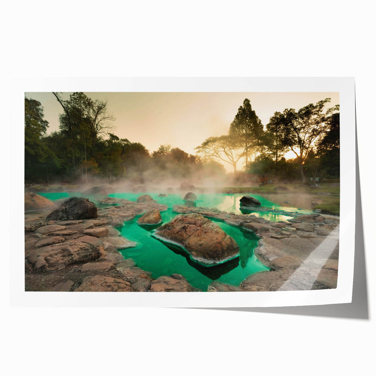 Colorful rolled print showcasing a serene hot spring landscape design, perfect for wall art collection, emphasizing natural beauty and relaxation.