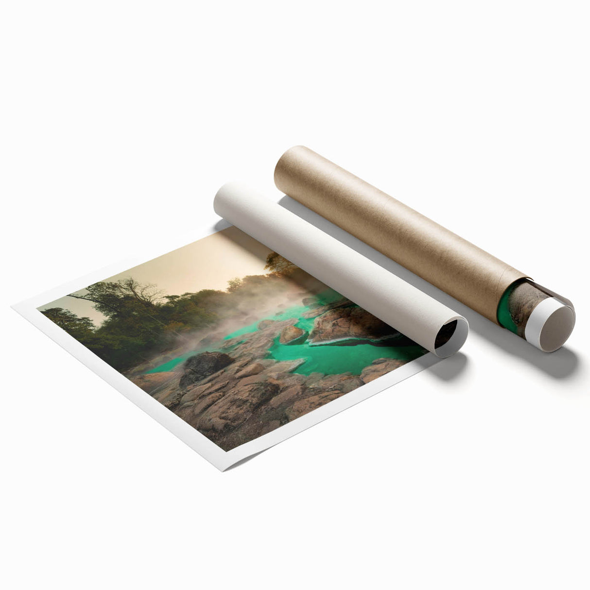 Vibrant rolled print showcasing a serene hot spring landscape with lush greenery and tranquil water, perfect for enhancing home decor or wellness spaces.