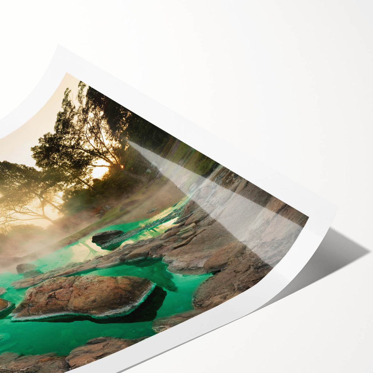 Vibrant rolled print showcasing a serene hot spring landscape design, featuring lush greenery and tranquil water, ideal for home decor or art collection.