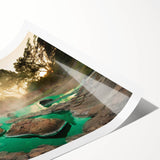 Vibrant rolled print showcasing a serene hot spring landscape design, featuring lush greenery and tranquil water, ideal for home decor or art collection.