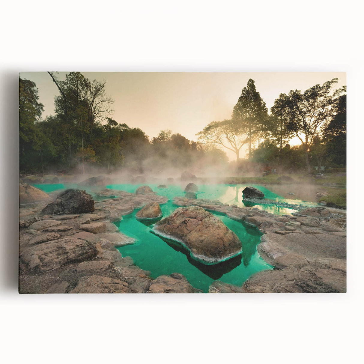 Stretched canvas artwork showcasing a vibrant hot spring landscape design, featuring rich colors and intricate details, ideal for enhancing home decor.