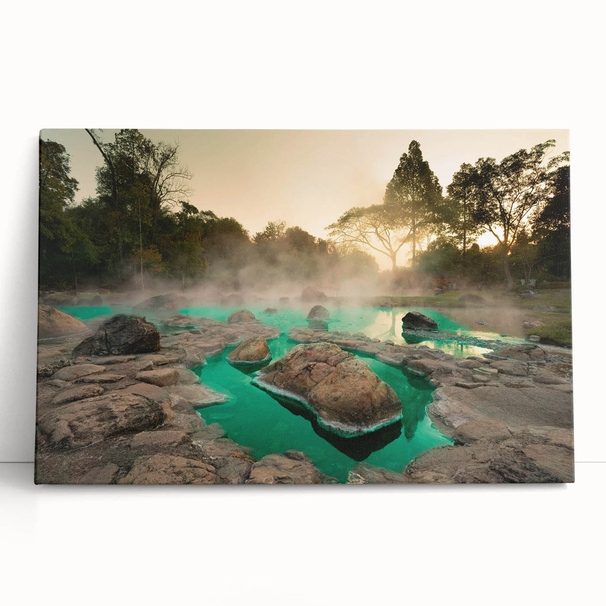 Stretched canvas wall art showcasing a serene hot spring landscape design, featuring vivid colors and natural textures, perfect for home décor enhancement.