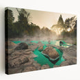 Stretched canvas wall art showcasing a serene hot spring landscape design, featuring vibrant colors and intricate details, perfect for home decor.