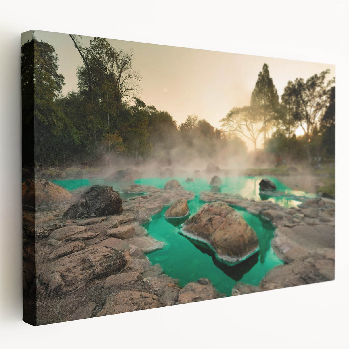 Stretched canvas wall art showcasing a serene hot spring landscape design, featuring vibrant colors and intricate details, perfect for home decor.