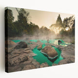 Stretched canvas wall art showcasing a serene hot spring landscape design, featuring vibrant colors and intricate details, perfect for home decor.