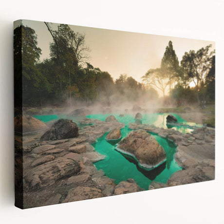 Stretched canvas wall art showcasing a serene hot spring landscape design, featuring vibrant colors and intricate details, perfect for home decor.