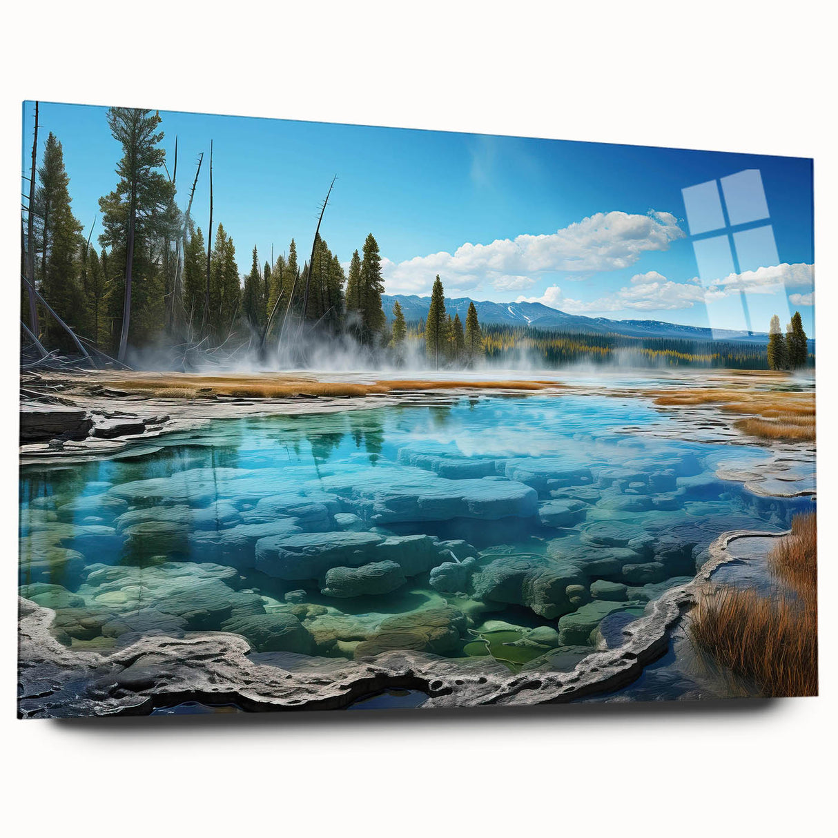 Acrylic glass wall art featuring a serene hot spring landscape design, showcasing vibrant colors and intricate details, perfect for home decor.