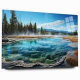 Acrylic glass wall art featuring a serene hot spring landscape design, showcasing vibrant colors and intricate details, perfect for home decor.