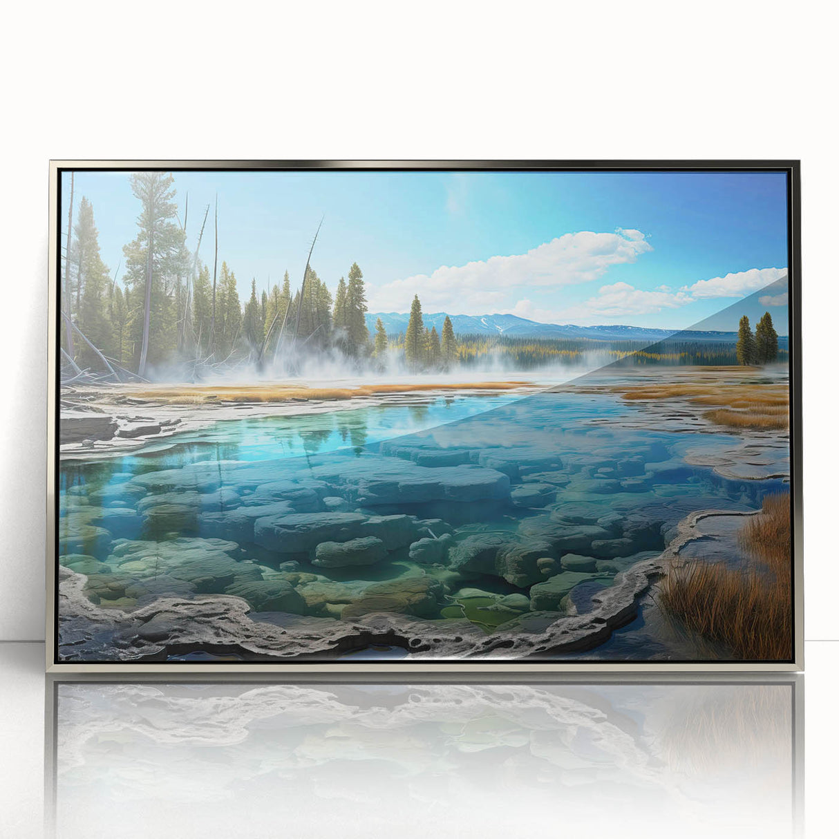 Framed acrylic wall art featuring a serene hot spring landscape design, elegantly bordered in silver, showcasing vibrant colors and tranquil nature elements, perfect for enhancing home decor.