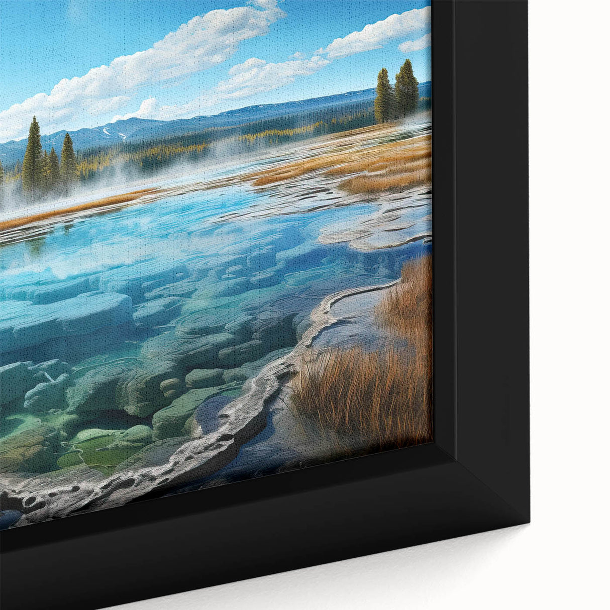 Close-up of a framed canvas wall art collection showcasing vibrant landscapes and hot springs, emphasizing rich colors and intricate details, perfect for home decor.