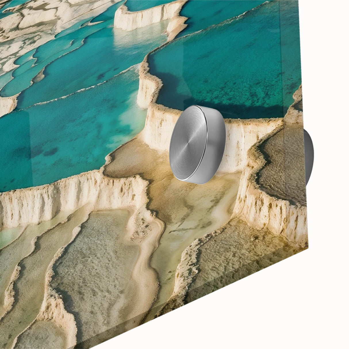 Close-up of a vibrant acrylic wall art piece depicting a serene hot spring landscape, featuring lush greenery and crystal-clear water, ideal for modern home decor.