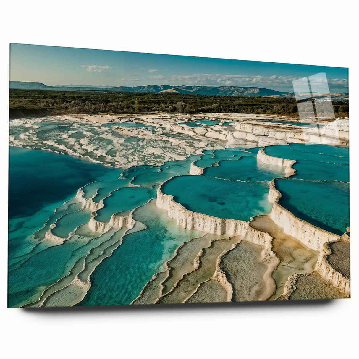 Acrylic wall art collection showcasing serene hot spring landscapes, featuring vibrant colors and intricate details, designed for modern home decor. Perfect for creating a calming atmosphere in living spaces.